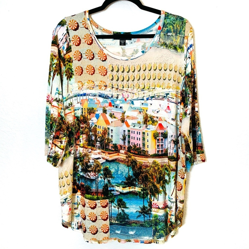 Karen Kane Print Top 2X Houses by the Sea Ocean Tropical Cruise Vacation
